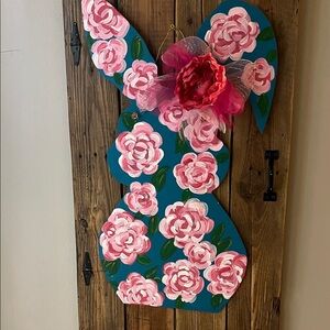 Hand-Painted Floral Bunny Wall Art - Teal & Pink